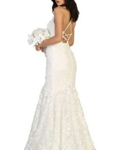 Formal Gowns May Queen - Embroidered Applique Trumpet Dress RQ7811 - 1 Pc Dark Blue/Nude In Size 16 Available