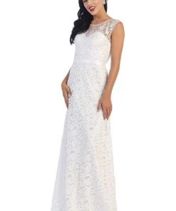May Queen - Embroidered Lace Illusion Bateau Long Formal Dress