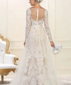 May Queen - Embroidered Lace Sheer Long Sleeve Trumpet Gown RQ7603 - 1 Pc Ivory/Nude In Size 10 Available