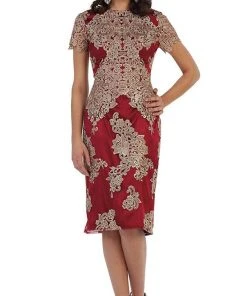 Cocktail Dresses May Queen - Embroidered Short Sleeve Column Formal Dress