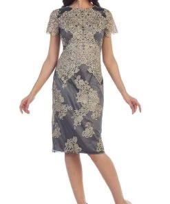 Cocktail Dresses May Queen - Embroidered Short Sleeve Column Formal Dress