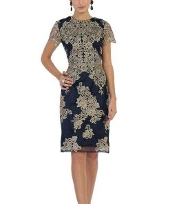 Cocktail Dresses May Queen - Embroidered Short Sleeve Column Formal Dress