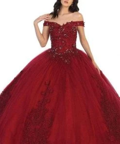 May Queen - Floral Appliqued Prom Ballgown LK136 - 1 Pc Burgundy In Size 6 Available