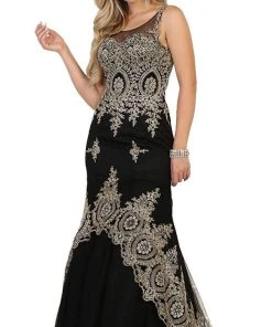 May Queen - Gilt Lace Illusion Scoop Trumpet Dress RQ7546 - 1 Pc Burgundy In Size 12 Available Formal Gowns