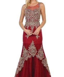 May Queen - Gilt Lace Illusion Scoop Trumpet Dress RQ7546 - 1 Pc Burgundy In Size 12 Available Formal Gowns