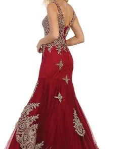 May Queen - Gilt Lace Illusion Scoop Trumpet Dress RQ7546 - 1 Pc Burgundy In Size 12 Available Formal Gowns