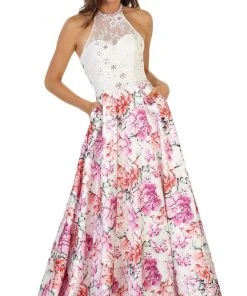 May Queen - Halter Floral Print Jacquard A-line Evening Dress