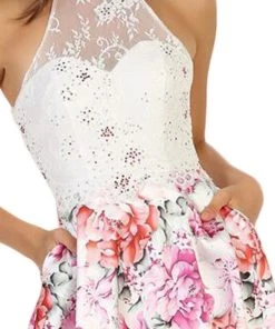 May Queen - Halter Floral Print Jacquard A-line Evening Dress