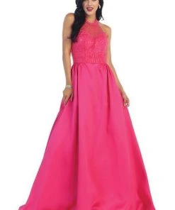 May Queen - Halter Neck Beaded Satin Pink Ballgown