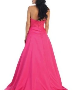 May Queen - Halter Neck Beaded Satin Pink Ballgown