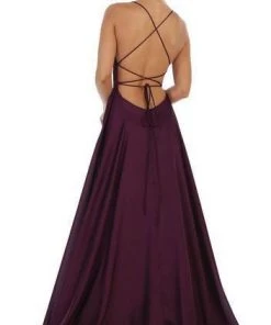 Formal Gowns May Queen - Halter Neck Tie String Back A-Line Satin Gown MQ1642 - 1 Pc Eggplant In Size 4 Available