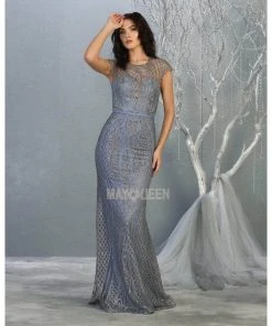 Formal Gowns May Queen - Illusion Jewel Sheath Evening Dress MQ1722 - 1 Pc Dusty Blue In Size 16 Available