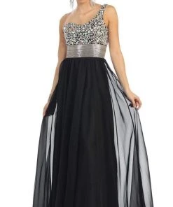 Formal Gowns May Queen - Jewel Embellished Asymmetrical Neck Chiffon Prom Dress