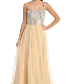 Formal Gowns May Queen - Jewel Embellished Asymmetrical Neck Chiffon Prom Dress