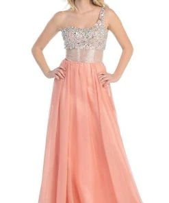 Formal Gowns May Queen - Jewel Embellished Asymmetrical Neck Chiffon Prom Dress