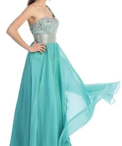 Formal Gowns May Queen - Jewel Embellished Asymmetrical Neck Chiffon Prom Dress