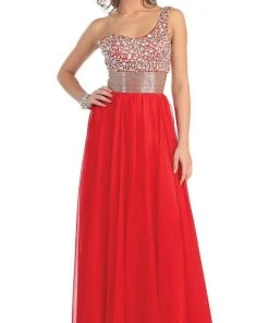 Formal Gowns May Queen - Jewel Embellished Asymmetrical Neck Chiffon Prom Dress