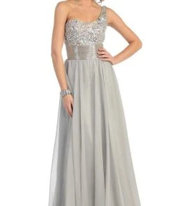 Formal Gowns May Queen - Jewel Embellished Asymmetrical Neck Chiffon Prom Dress