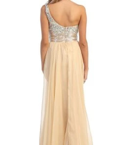 Formal Gowns May Queen - Jewel Embellished Asymmetrical Neck Chiffon Prom Dress