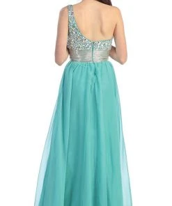 Formal Gowns May Queen - Jewel Embellished Asymmetrical Neck Chiffon Prom Dress