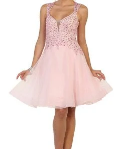 May Queen - Jeweled V-neck A-line Cocktail Dress