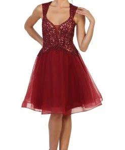 May Queen - Jeweled V-neck A-line Cocktail Dress