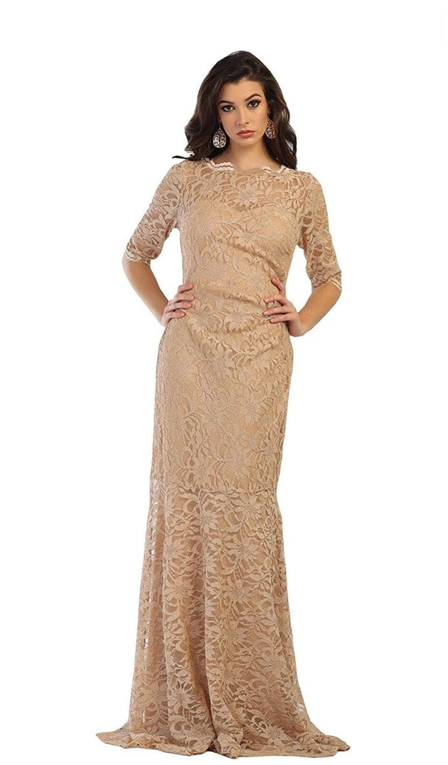 May Queen - Lace Adorned Quarter Sleeve Mermaid Evening Dress 10 May Queen - Lace Adorned Quarter Sleeve Mermaid Evening Dress