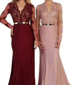 May Queen - Lace Bodice Scalloped V-Neck Trumpet Dress RQ7624 - 1 Pc Black In Size 8 Available Formal Gowns