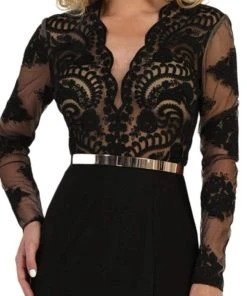 May Queen - Lace Bodice Scalloped V-Neck Trumpet Dress RQ7624 - 1 Pc Black In Size 8 Available Formal Gowns