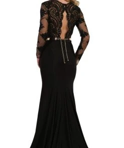 May Queen - Lace Bodice Scalloped V-Neck Trumpet Dress RQ7624 - 1 Pc Black In Size 8 Available Formal Gowns