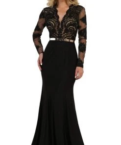 May Queen - Lace Bodice Scalloped V-Neck Trumpet Dress RQ7624 - 1 Pc Black In Size 8 Available Formal Gowns