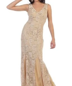 Formal Gowns May Queen - Lace Embellished V-neck Sheath Evening Dress