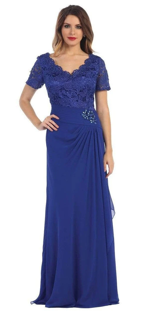 May Queen Lace V-Neck Short Sleeves Evening Dress MQ1229 - 1 Pc Royal Blue In Size XL Available Formal Gowns 3 May Queen Lace V-Neck Short Sleeves Evening Dress MQ1229 - 1 Pc Royal Blue In Size XL Available Formal Gowns