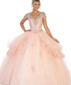 May Queen - LK116 Jeweled Lace Bodice Ruffled Ballgown Formal Gowns