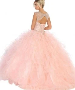 May Queen - LK124 Cap Sleeve Crystal Ornate Ruffled Ballgown
