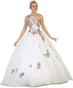 Formal Gowns May Queen - LK97 Sleeveless Floral Embellished Evening Ballgown