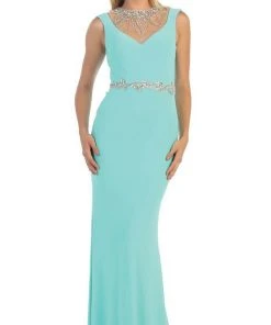 May Queen - MQ-1255 Bejeweled Sheer Sheath Evening Dress Formal Gowns