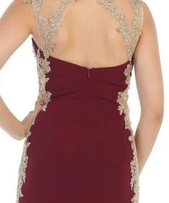 May Queen - MQ-1297 Gilt Lace Ornate Trumpet High Slit Prom Gown 14 May Queen - MQ-1297 Gilt Lace Ornate Trumpet High Slit Prom Gown