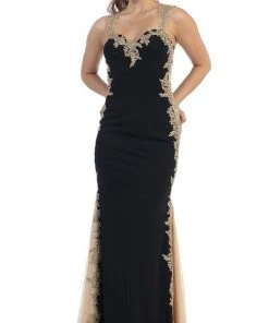 May Queen - MQ-1297 Gilt Lace Ornate Trumpet High Slit Prom Gown 17 May Queen - MQ-1297 Gilt Lace Ornate Trumpet High Slit Prom Gown