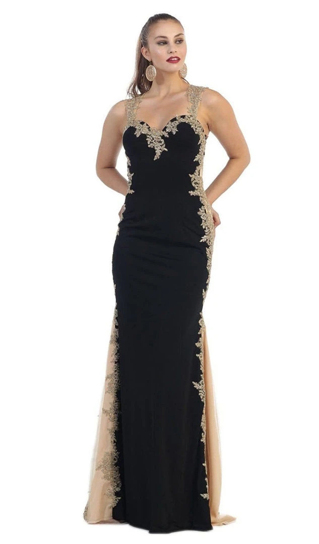 May Queen - MQ-1297 Gilt Lace Ornate Trumpet High Slit Prom Gown 9 May Queen - MQ-1297 Gilt Lace Ornate Trumpet High Slit Prom Gown
