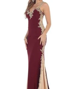May Queen - MQ-1297 Gilt Lace Ornate Trumpet High Slit Prom Gown