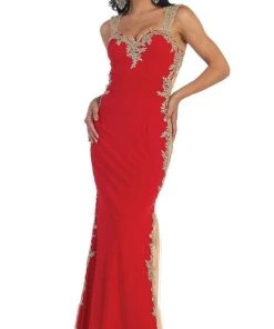 May Queen - MQ-1297 Gilt Lace Ornate Trumpet High Slit Prom Gown 15 May Queen - MQ-1297 Gilt Lace Ornate Trumpet High Slit Prom Gown