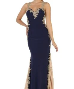 May Queen - MQ-1297 Gilt Lace Ornate Trumpet High Slit Prom Gown 19 May Queen - MQ-1297 Gilt Lace Ornate Trumpet High Slit Prom Gown
