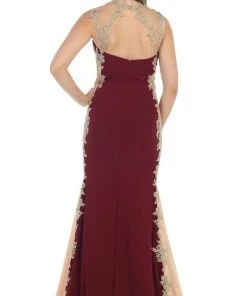 May Queen - MQ-1297 Gilt Lace Ornate Trumpet High Slit Prom Gown 13 May Queen - MQ-1297 Gilt Lace Ornate Trumpet High Slit Prom Gown