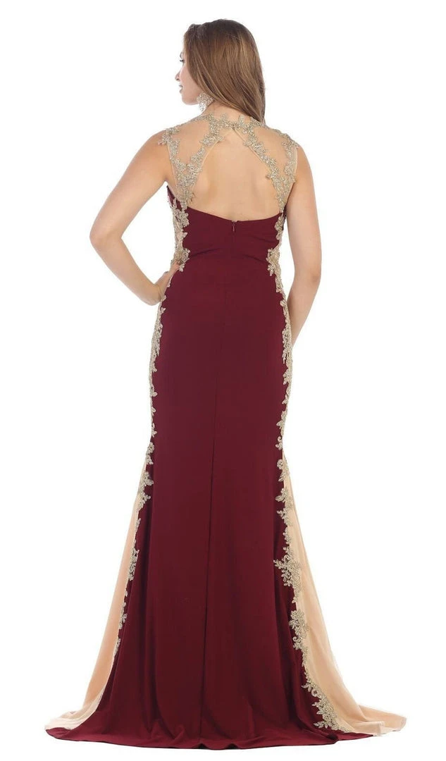 May Queen - MQ-1297 Gilt Lace Ornate Trumpet High Slit Prom Gown 5 May Queen - MQ-1297 Gilt Lace Ornate Trumpet High Slit Prom Gown