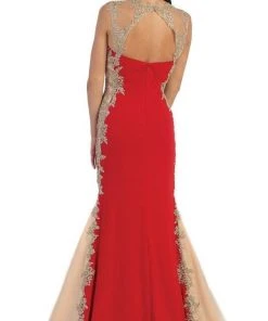May Queen - MQ-1297 Gilt Lace Ornate Trumpet High Slit Prom Gown 16 May Queen - MQ-1297 Gilt Lace Ornate Trumpet High Slit Prom Gown