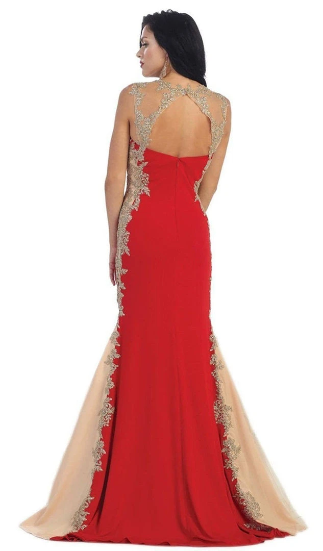 May Queen - MQ-1297 Gilt Lace Ornate Trumpet High Slit Prom Gown 8 May Queen - MQ-1297 Gilt Lace Ornate Trumpet High Slit Prom Gown