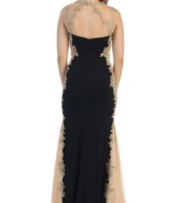 May Queen - MQ-1297 Gilt Lace Ornate Trumpet High Slit Prom Gown 18 May Queen - MQ-1297 Gilt Lace Ornate Trumpet High Slit Prom Gown