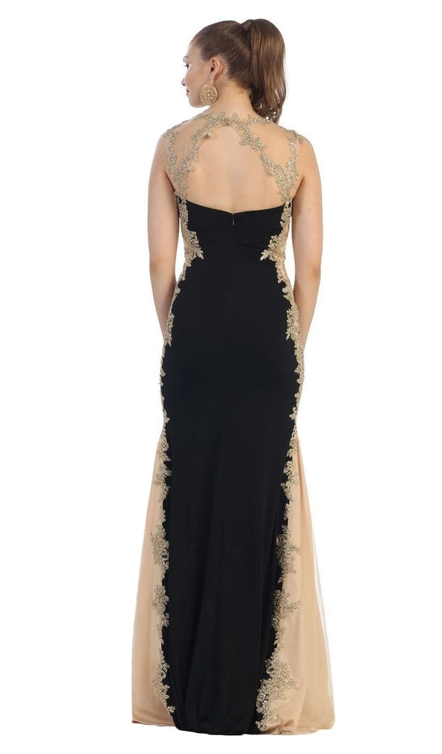 May Queen - MQ-1297 Gilt Lace Ornate Trumpet High Slit Prom Gown 10 May Queen - MQ-1297 Gilt Lace Ornate Trumpet High Slit Prom Gown