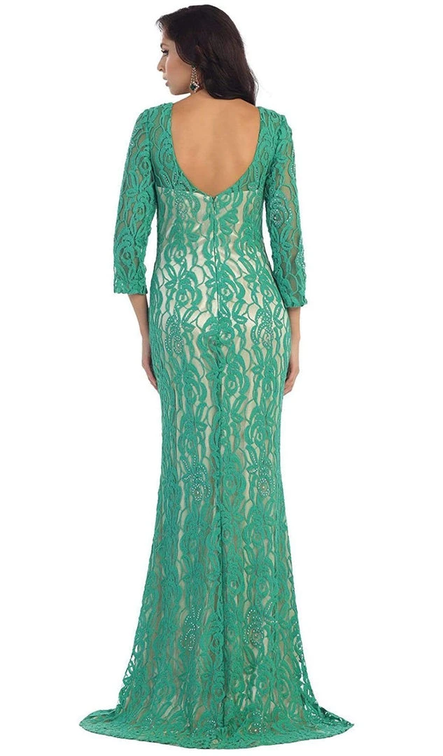 May Queen - MQ1254 Overlaid Lace V-Neck Sheath Evening Gown 4 May Queen - MQ1254 Overlaid Lace V-Neck Sheath Evening Gown